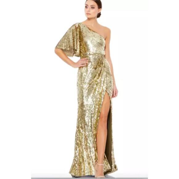 Mac Duggal Gold Embellished One Shoulder Cap Sleeve Trumpet Gown Size 6 NWT - Picture 4 of 12